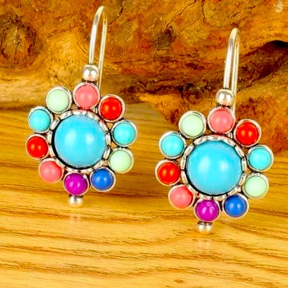 Artisan Jewelry - Mixed Stone Silvertone Pendant Bead Boho Turquoise Blue Colorful Dangle Earrings
